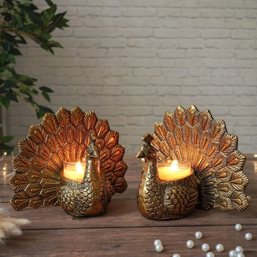 Aluminium Dancing Peacock Pair Figurine for Good Luck and Love Candle Holder for Home Dcor Tabletop Living ROOM