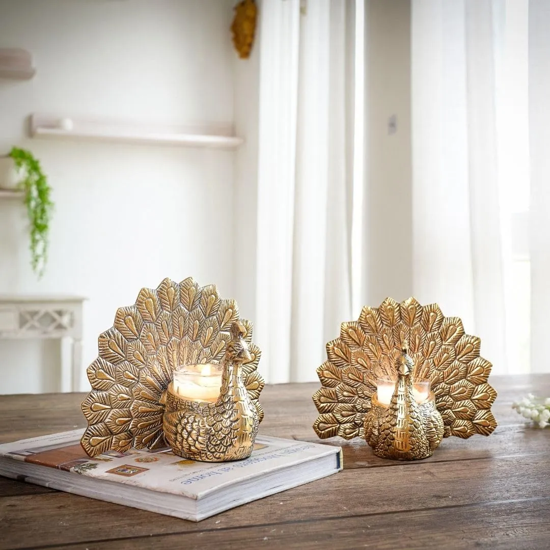 Aluminium Dancing Peacock Pair Figurine for Good Luck and Love Candle Holder for Home Dcor Tabletop Living ROOM