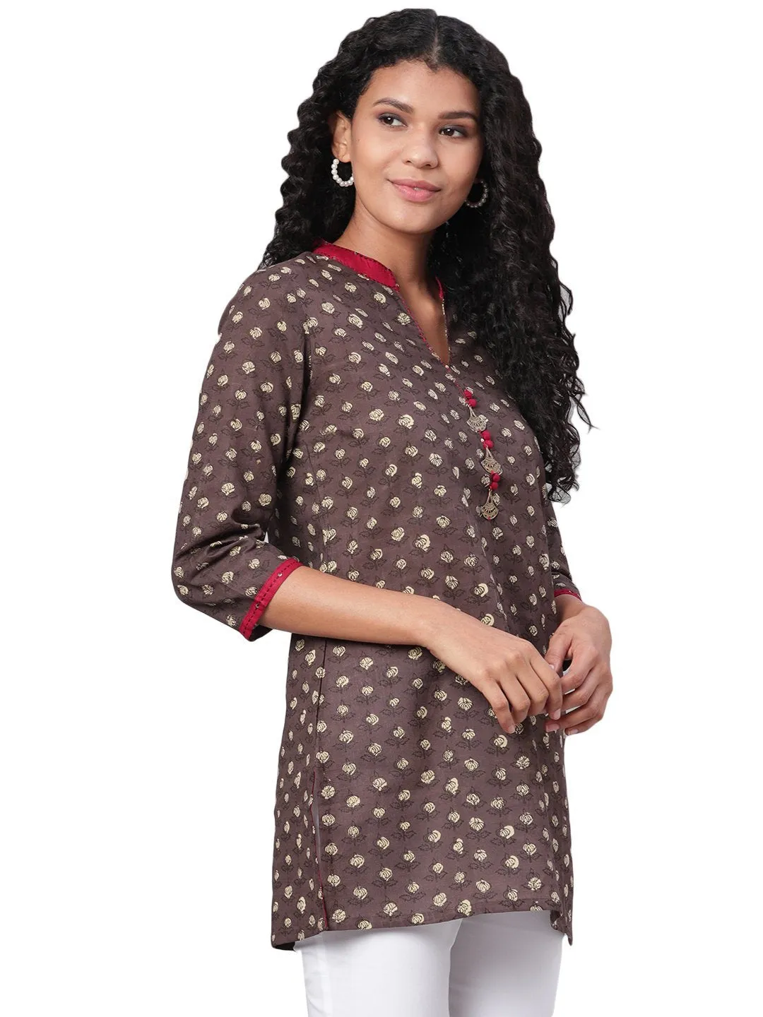 Brown Cotton Casual Long Tunic Top for Women