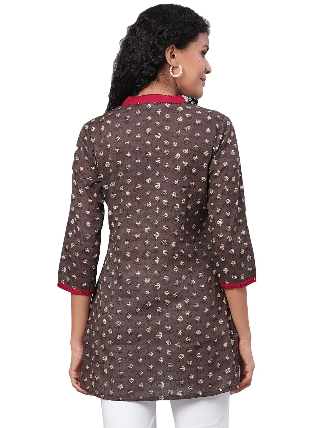 Brown Cotton Casual Long Tunic Top for Women
