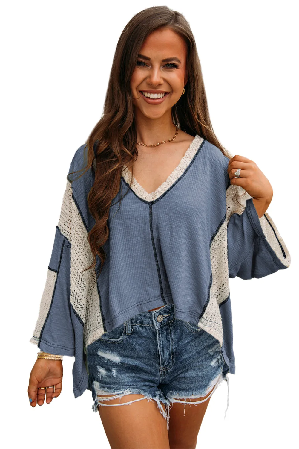 Crochet Detail Exposed Seam High Low Loose Top