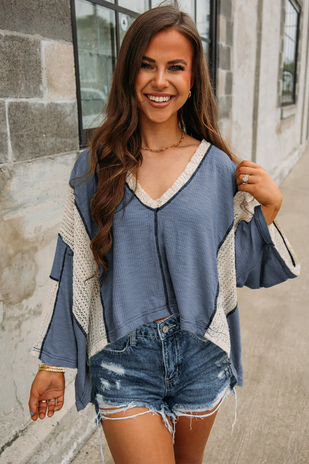 Crochet Detail Exposed Seam High Low Loose Top