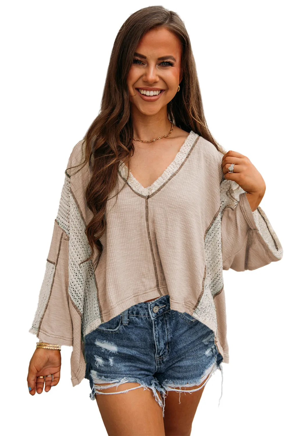 Crochet Detail Exposed Seam High Low Loose Top