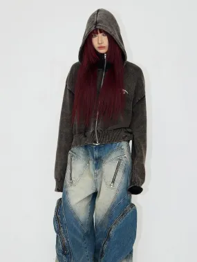 Cropped High Collar Hooded Zipper Parka