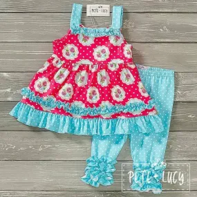 PETE   LUCY Shabby Roses Pink Floral Polka Dot Ruffle Capri 2 Piece Set
