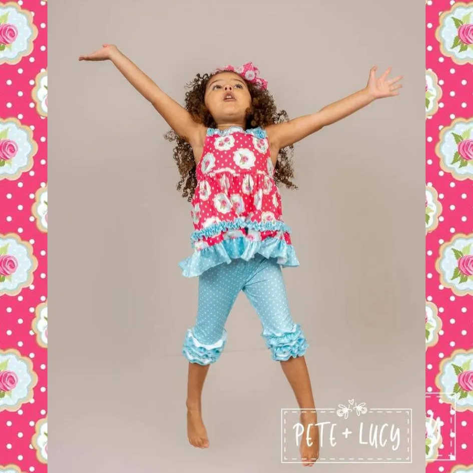 PETE   LUCY Shabby Roses Pink Floral Polka Dot Ruffle Capri 2 Piece Set