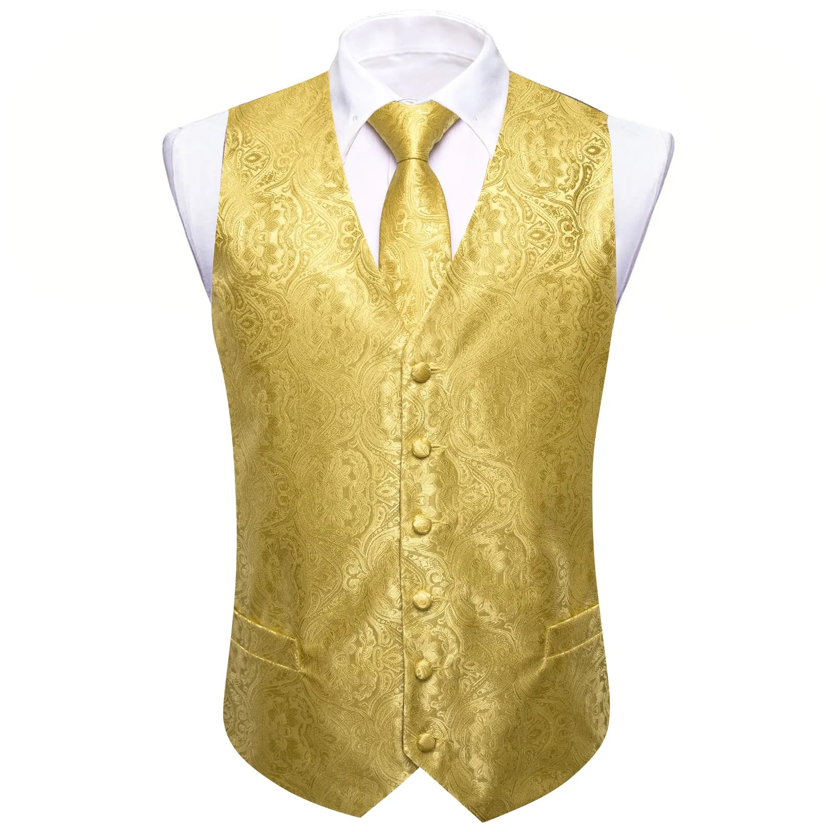 Ties2you Work Vest Blonde Yellow Paisley Silk Mens Dress Vest Tie Handkerchief Cufflinks Set