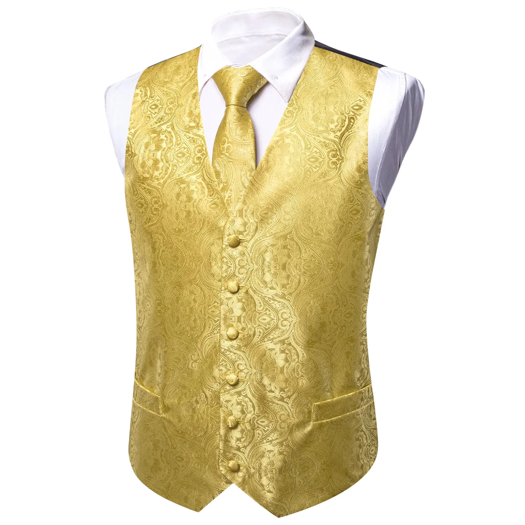 Ties2you Work Vest Blonde Yellow Paisley Silk Mens Dress Vest Tie Handkerchief Cufflinks Set