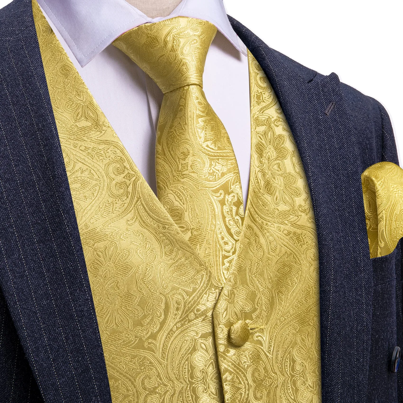Ties2you Work Vest Blonde Yellow Paisley Silk Mens Dress Vest Tie Handkerchief Cufflinks Set